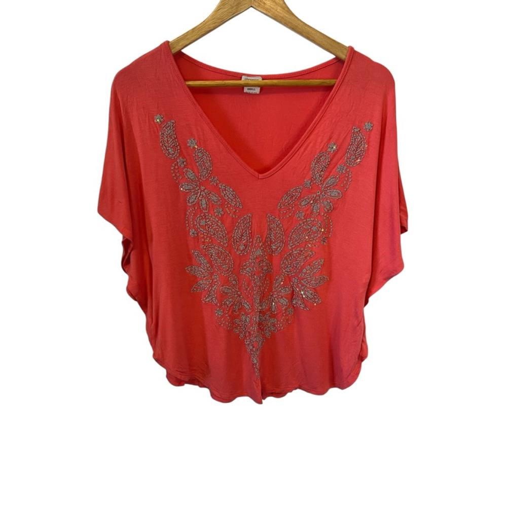Women’s Top Coral Beaded Small Short Sleeve Loose Fit Shirt S - Picture 2 of 10